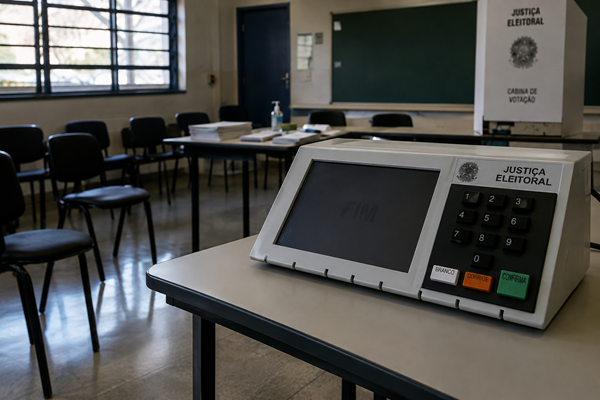 Urna eletronica em sala de votacao vazia
